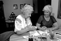 Ola Kryway (L) and apprentice Mary Martin decorating eggs using the Ukrainian pysanky technique - Titusville, Florida.