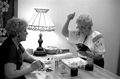 Ola Kryway (L) and apprentice Mary Martin decorating eggs using the Ukrainian pysanky technique - Titusville, Florida.