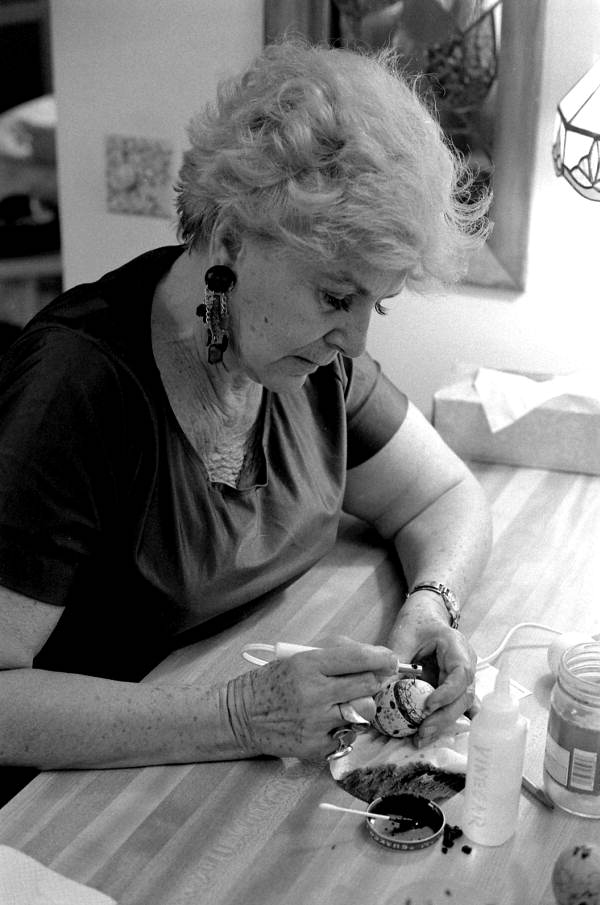 Mary Martin, apprentice to Ola Kryway, decorating eggs using the Ukrainian pysanky technique - Titusville, Florida.
