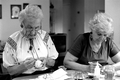 Ola Kryway (L) and apprentice Mary Martin decorating eggs using the Ukrainian pysanky technique - Titusville, Florida.