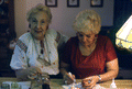 Ola Kryway (L) and apprentice Mary Martin decorating Easter eggs - Titusville, Florida.