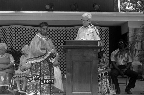 Seminole healer Susie Jim Billie being presented with a 1985 Folk Heritage Award at the Florida Folk Festival - White Springs, Florida