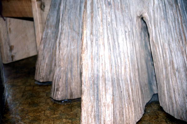 Close up view of the base of the cypress table.