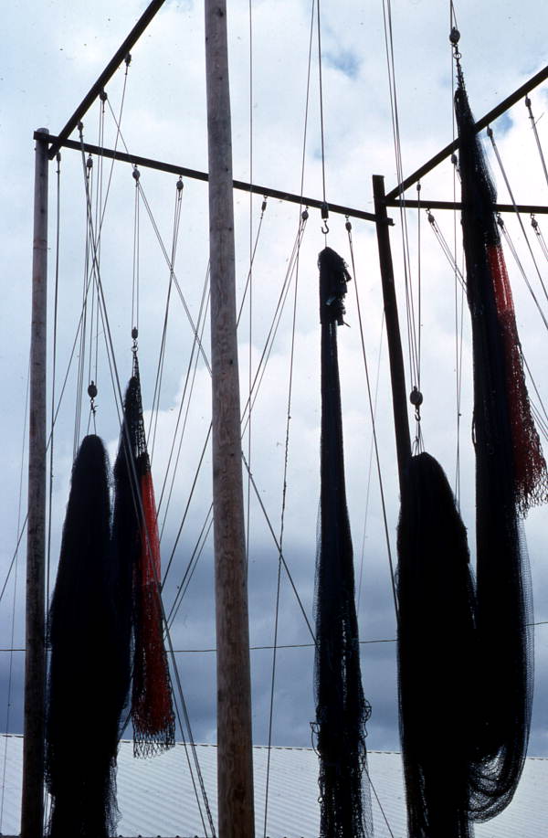 Fishing nets made by Burbank Trawl Makers hanging from pulleys - Fernandina Beach, Florida