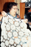 Theresa Griffin showing an example of Minorcan crochet and needlework - Elkton, Florida.