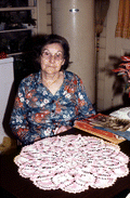Theresa Griffin with a crocheted Minorcan tablecloth - Elkton, Florida.