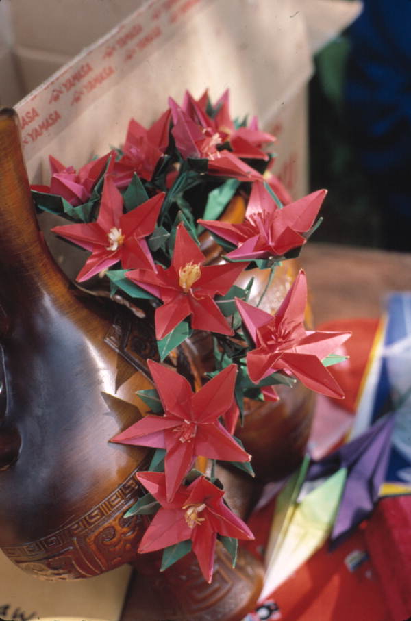 Origami in the shape of flowers made by Kazuko Law - Pensacola, Florida.