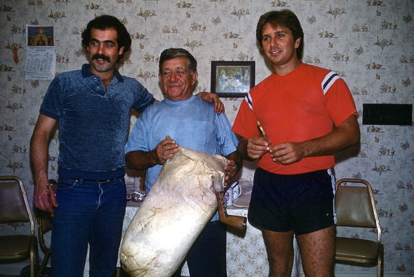 Portrait of Greek American musicians George Pilatos (L), Nikitas Tsimouris, and Antonios Tsimouris (R) - Tarpon Springs, Florida