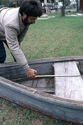 David Taylor measuring the thwart width of a 12 foot "dinky" - Eastpoint, Florida
