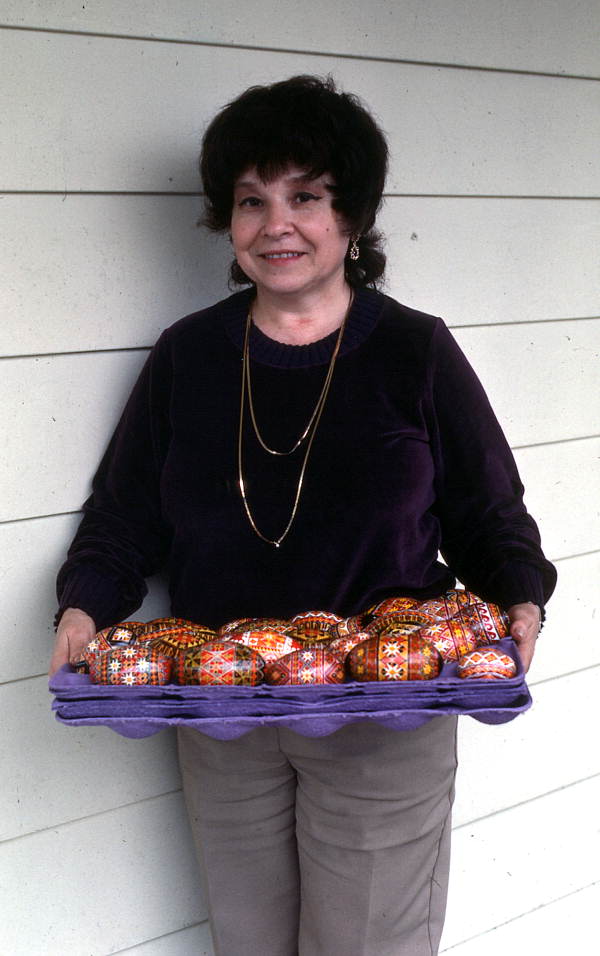 Lu Gurley holding Ukrainian Easter eggs she decorated - White Springs, Florida