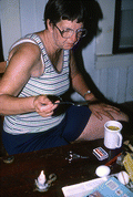 Evelyn Coskey demonstrating Polish egg decoration (pysanky) - Starke, Florida