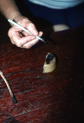 Evelyn Coskey using stylus during Polish egg decoration (pysanky) demonstration - Starke, Florida