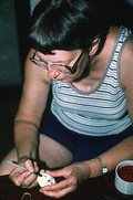 Evelyn Coskey working with stylus during Polish egg decoration (pysanky) demonstration - Starke, Florida