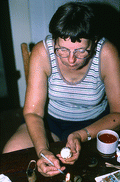 Evelyn Coskey using stylus during Polish egg decoration (pysanky) demonstration - Starke, Florida