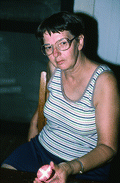 Evelyn Coskey holding egg during Polish egg decoration (pysanky) demonstration - Starke, Florida