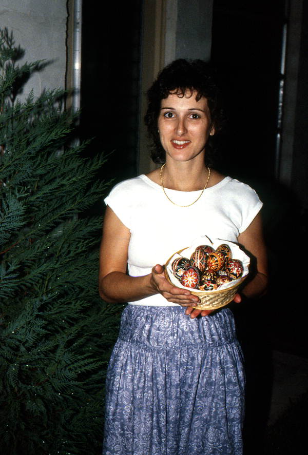 Jomarie Monsorno holding a basket of Ukrainian Easter eggs she made - Jacksonville, Florida