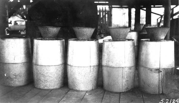 Rosin in barrels with funnels for shrinkage