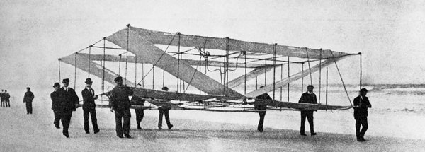 Preparing for Florida's first glider flight at Ormond Beach near Daytona. Charles Hamilton would soon fly this glider into the air over Florida's Atlantic coast (1906).