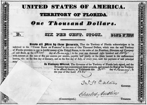 A $1,000 bond of the territorial government of Florida, designed to capitalize the Union Bank (1835).