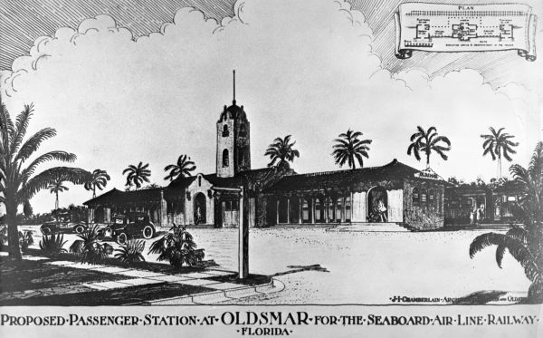 Architectural rendering of proposed railroad depot - Oldsmar, Florida.