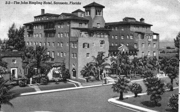 A postcard view of the John Ringling Hotel (circa 1953).