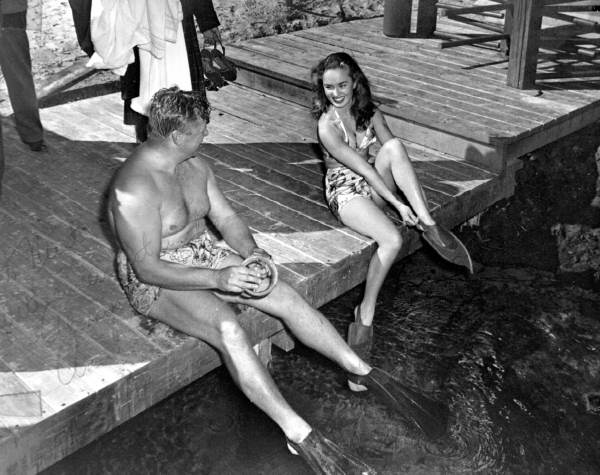 Newt Perry coaching Ann Blyth during filming - Weeki Wachee Spring, Florida.