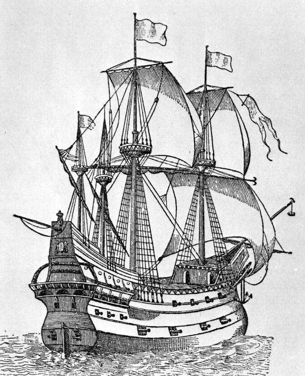 Drawing of a typical Spanish galleon, similar to those that would have been part of the Plate Fleet of 1715 (1886).