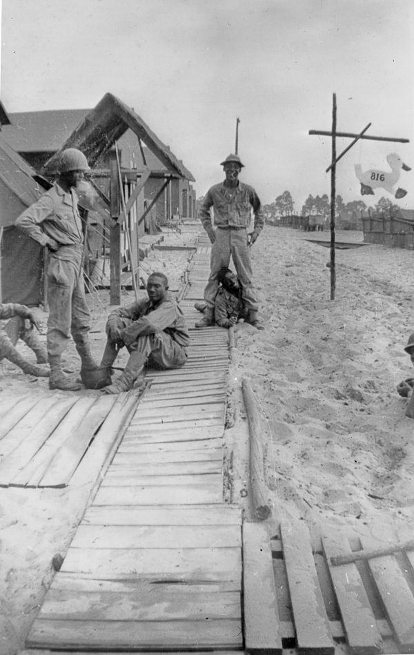 African American soldiers in front of barracks - Camp Gordon Johnston, Florida