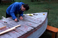 Ormond Loomis takes measurements of 12 foot "dinky": Eastpoint, Florida (1986)