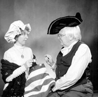 Joan and Allen Morris in revolutionary costume for one of their Christmas cards, 1976