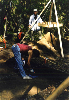 Archaeologist Vicki Rolland with volunteer college student on the University of North Florida's Sarabay Spanish Mission archaeological field school excavation on Big Talbot Island State Park : Jacksonville, Florida (1998)