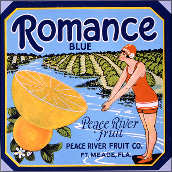 Peace River Fruit Company's Romance Blue brand citrus label: Fort Meade, Florida (mid 1900s)