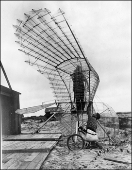 Ornithopter and creator George R. White at St. Augustine (1927)