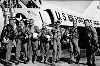 Original Seven Project Mercury astronauts with U.S. Air Force F-106B jet aircraft (1967)