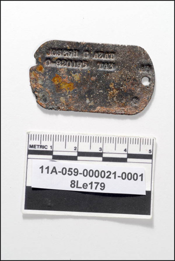 Dog tags for 2nd Lt. Joseph G. Azat (Kingston, PA), found during excavation of cistern well at The Grove (2011)