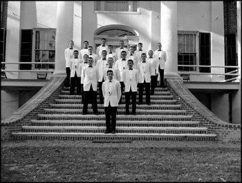 May Day King Bruce Weale and the men of the court on the steps of The Grove (1960)