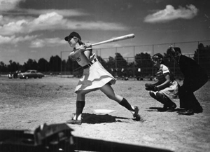 View of All American Girls Professional Baseball League member Dottie Schroeder getting a hit: Opa-locka, Florida (1948)