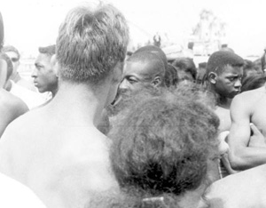 Segregationists and black demonstrators at a "white only" beach: Saindt Augustine, Florida (1964)
