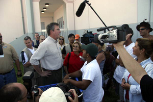 Governor Jeb Bush and Congresswoman Ileana Ros-Lehtinen during their visit to Key West High School following Hurricane Wilma (2005)