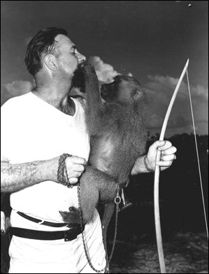 Al Zaebst with pet monkey Fanny: Weeki Wachee Spring, Florida (1948)