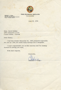 Senator Edmond J. Gong's cover letter sending Florida Senate Memorial No. 1462 to Roxcy Bolton