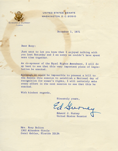 Letter from United States Senator Edward J. Gurney, December 1, 1971, assuring Roxcy Bolton that he will do his best to enact the Equal Rights Amendment