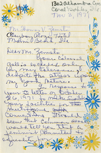 Handwritten draft of letter from Roxcy Bolton to Playboy Plaza Hotel, page 1 (1971)