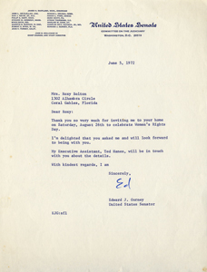 Women's Equality Day Letter from Senator Edward J. Gurney (1972)
