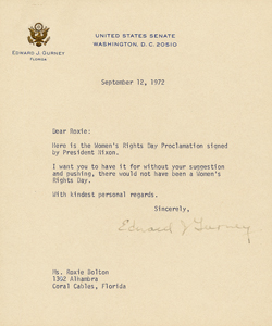 Senator Edward J. Gurney's letter to Roxcy Bolton, September 12, 1972, sending her President Nixon's Women's Rights Day Proclamation