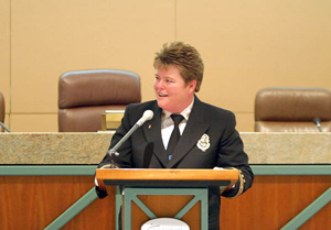 Tallahassee's first female Fire Chief Cynthia Dick speaking on the day she was sworn-in at the City Commission chambers by City Attorney James English (2005)