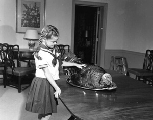 Governor Collins' daughter Darby with Thanksgiving turkey at mansion: Tallahassee, Florida (1959)