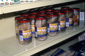 Jars of gefilte fish for sale in kosher deli on Washington Avenue: Miami Beach, Florida (1985)