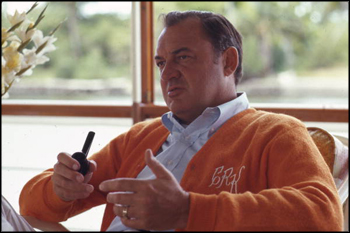 Portrait of Governor Claude Kirk during his informal press conference aboard a yacht: Miami, Florida (August 1968)