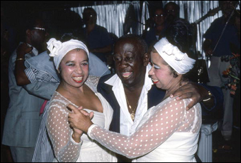 The Scull sisters, Haydee and Sahara, dance with Facundo Rivera at Club Basque: Little Havana, Miami, Florida (1985)